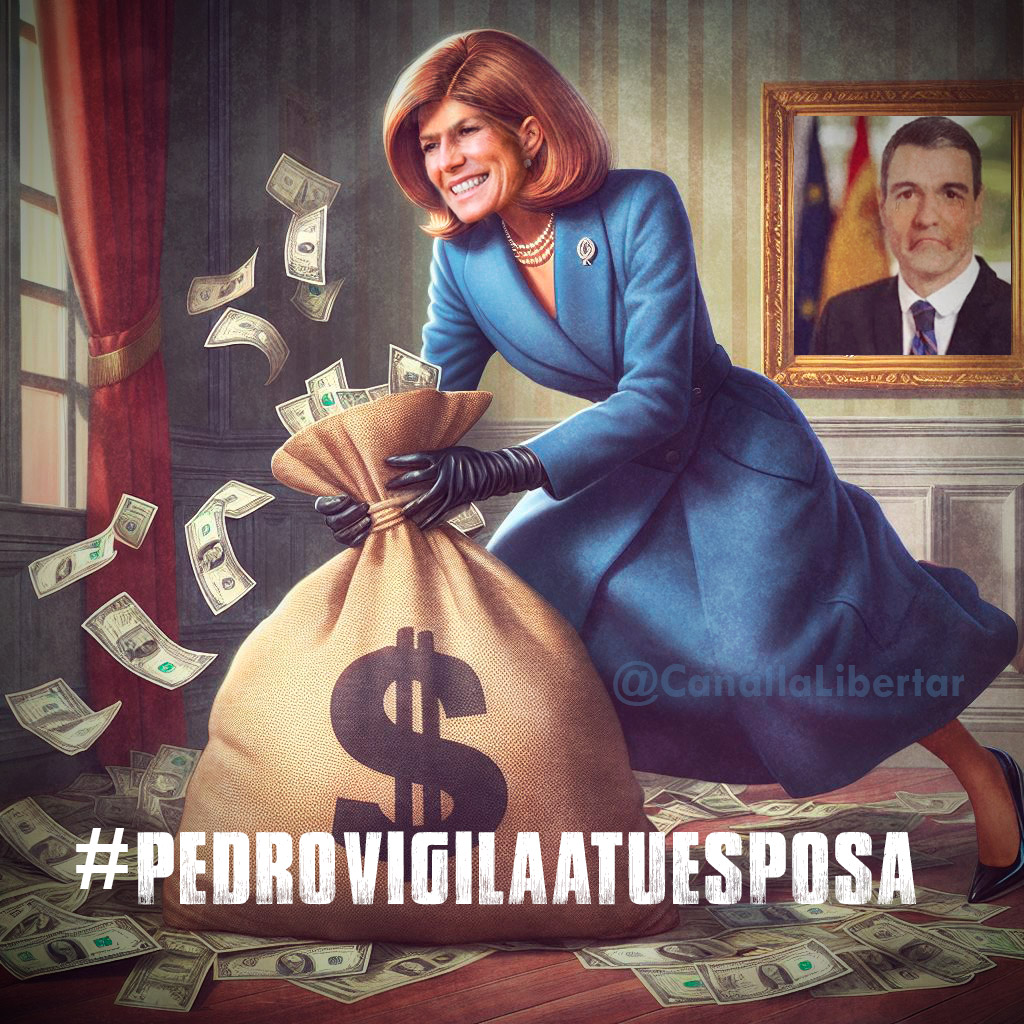 Para hacer este #artefacha han pedido a la IA una ilustración de una esposa de presidente español corrupta y les ha sacado a Ana Botella llevándose el dinero de Blackstone por la venta de 1.806 pisos sociales.