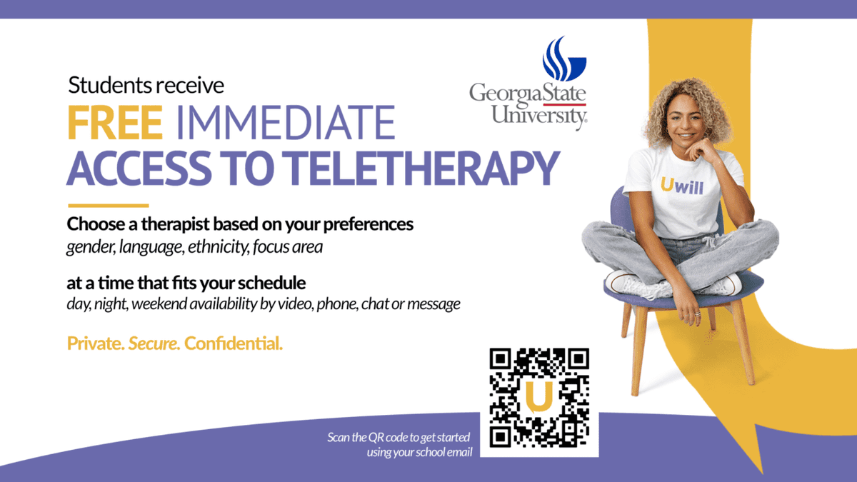 #GeorgiaStateUniversity students can get immediate access to teletherapy: counseling.gsu.edu/uwill/
#UWill #BeWellPanthers #PanthersMentalHealthMatters ##GSU28 #GSU