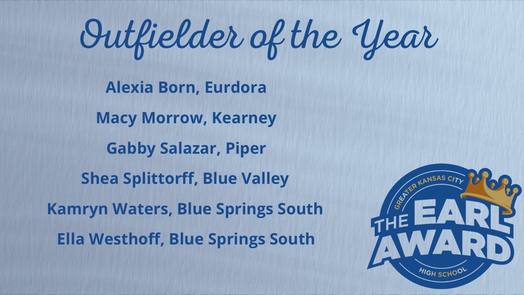 @TheEarlAwards (@theearlawardkc) on Twitter photo Outfielder - Defensive Player of the Year
<a href="/alexia_born/">Alexia Born 2025</a> <a href="/EHS_Cardinals/">Eudora High School - Home of the Cardinals</a> <a href="/macyrmorrow/">Macelyn Morrow</a> <a href="/KMOSoftball/">KHS Softball</a> <a href="/salazargabby2/">Gabby Salazar</a> <a href="/PiperPirates_SB/">Piper Softball</a> <a href="/SheaSplitt2026/">Shea Splittorff</a> <a href="/BVTigerSoftball/">Blue Valley Softball</a> <a href="/KamWaters24/">Kamryn Waters 2026 OF</a> <a href="/ellamwest/">Ella Westhoff</a> <a href="/BSSJagsSoftball/">🥎 Jags Softball 🥎</a> Outfielder - Defensive Player of the Year
<a href="/alexia_born/">Alexia Born 2025</a> <a href="/EHS_Cardinals/">Eudora High School - Home of the Cardinals</a> <a href="/macyrmorrow/">Macelyn Morrow</a> <a href="/KMOSoftball/">KHS Softball</a> <a href="/salazargabby2/">Gabby Salazar</a> <a href="/PiperPirates_SB/">Piper Softball</a> <a href="/SheaSplitt2026/">Shea Splittorff</a> <a href="/BVTigerSoftball/">Blue Valley Softball</a> <a href="/KamWaters24/">Kamryn Waters 2026 OF</a> <a href="/ellamwest/">Ella Westhoff</a> <a href="/BSSJagsSoftball/">🥎 Jags Softball 🥎</a>