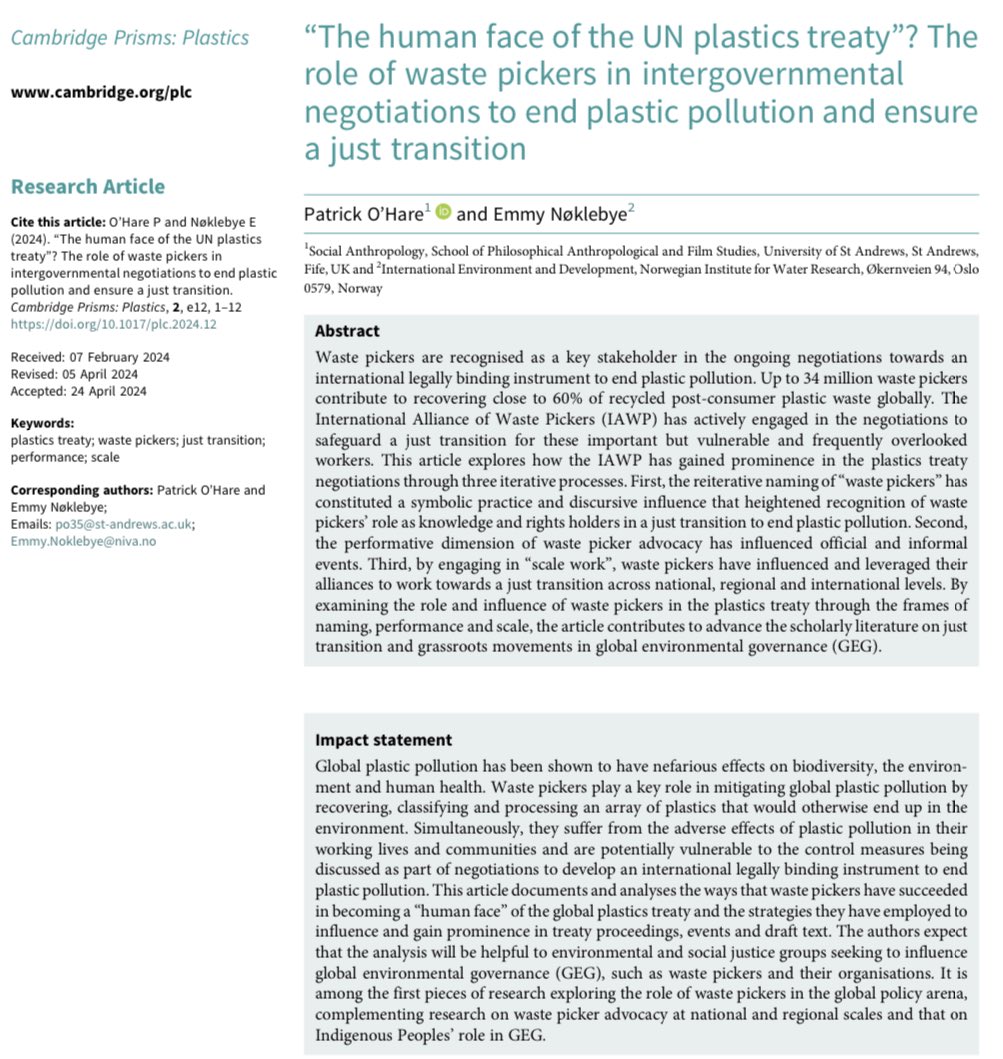 🌍Just Published 🌏 Check out this new article tracing the role and influence of waste pickers in the #PlasticsTreaty negotiations and their fight for a #JustTransition towards ending #PlasticPollution. ➡️ doi.org/10.1017/plc.20… @plasticpatricko @NIVAforskning @globalrec_org