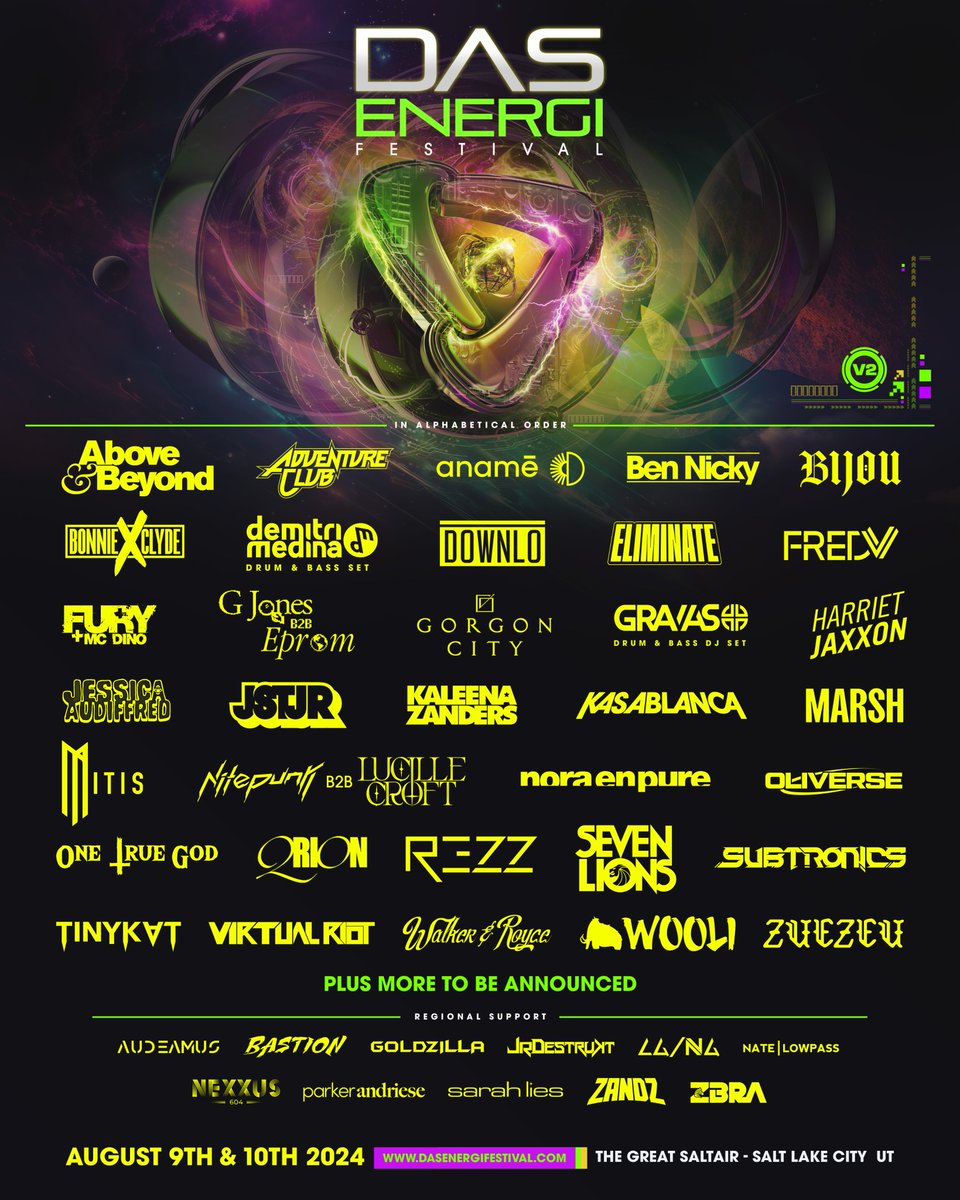 Stoke level at an all-time HIGH to be dropping this year’s <a href="/DasEnergiFest/">Das Energi Festival</a> lineup! ⚡️⚡️⚡️

A beautiful mix of fresh new artists, some SLC-favorites, some who have never been to Utah, and a stacked local lineup 🔥

Who’s looking forward to another magical weekend at Saltair?🤘