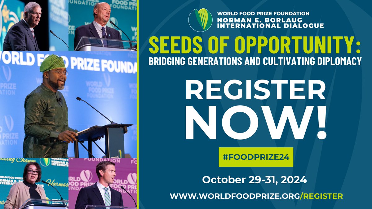 🌾 Register now for the 2024 Borlaug Dialogue, Oct 29-31 in Des Moines! Join us for 'Seeds of Opportunity: Bridging Generations and Cultivating Diplomacy.' Unite with agricultural pioneers to tackle global food security. #FoodPrize24 | Register now: worldfoodprize.org/register