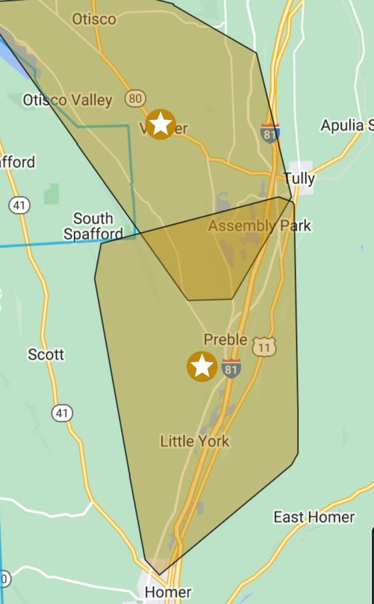 —POWER OUTAGE—

.@nationalgrid is reporting of a power outage affecting northern Homer, Little York, Preble, and west of Tully. 

Estimated power restoration is 3:30pm

REMINDER: An out traffic light becomes a 4-way stop #NationalGrid #Outtage
