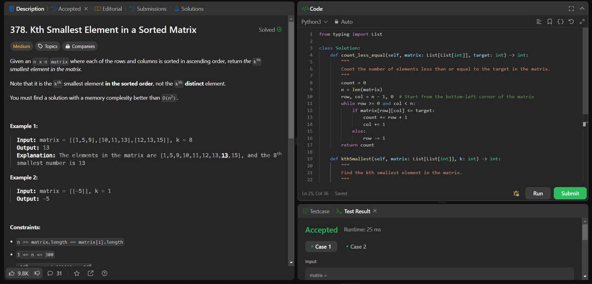 akhand_4795's tweet photo. 🌟Day 53 of my '60 Day DSA Challenge' complete!
Today's challenges tackled on LeetCode:💡🚀

1. Problem No. 78 - Subsets
2. Problem No. 378 - Kth Smallest Element in a Sorted Matrix

#60DayDSAChallenge #Python #LeetCode #DataStructures #Algorithms #ProblemSolving #Progress #Day53 https://t.co/yVlQsN1pnz