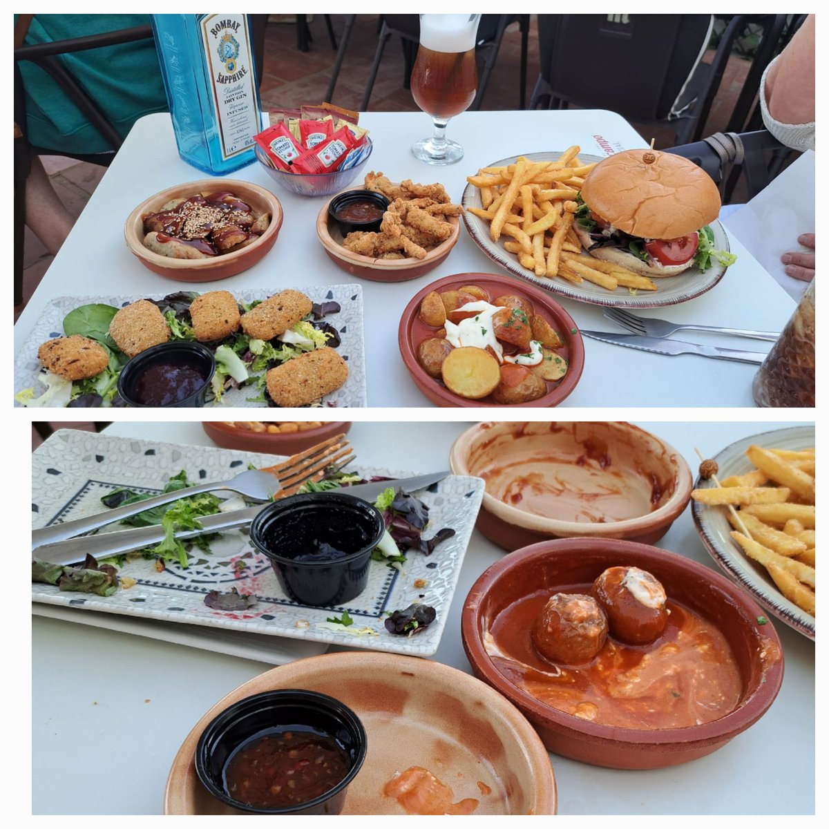 Food is lovely, Brie bites,sticky sausage, chicken coupons and patatas bravas. The bride had a fish finger burger 😋. 2 patatas and a few chips defeated us