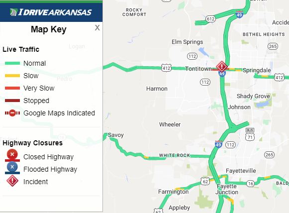 Washington Co: (UPDATE) I-49 SB right shoulder remains blocked at Exit 72 (Springdale) due to a two-vehicle accident involving a tractor-trailer. Monitor IDriveArkansas.com for the latest information. #artraffic #nwatraffic