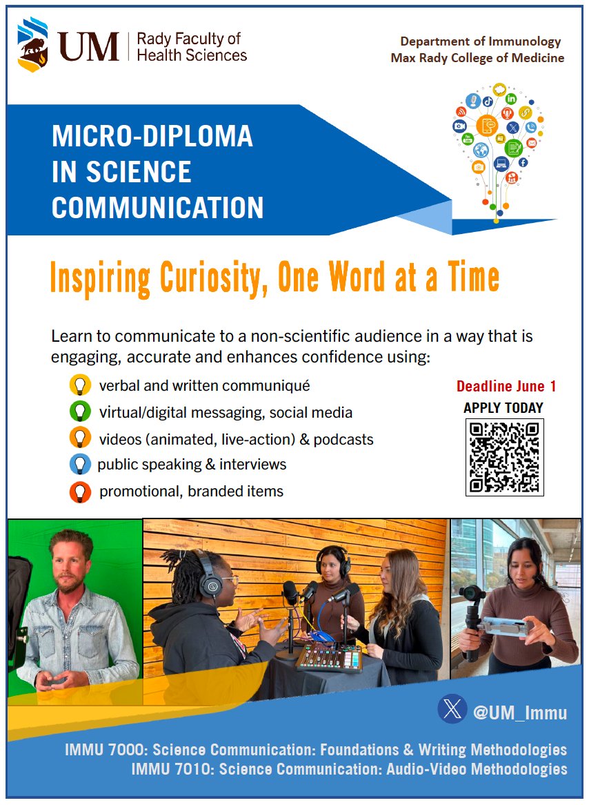 Learn to communicate #science to #society through various media from national experts. #verbal & #written #communiqué #socialmedia #newsbriefs #videos (animated, live-action...) #podcasts #public speaking/interviews.
applygrad.umanitoba.ca/apply/
APPLY NOW!  DEADLINE IS JUNE 1, 2024