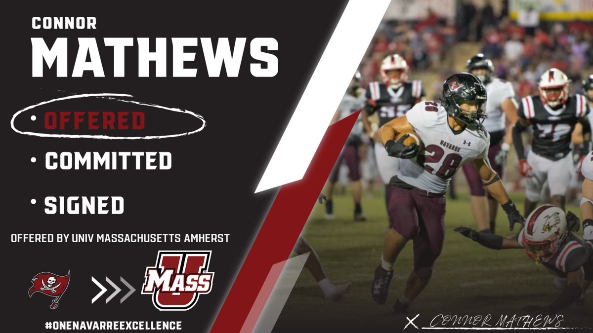 Congrats 2025 RB Connor Mathews (@ConnorMathews18) on being offered by @UMassFootball! #OneNavarreExcellence🏴‍☠️ @Coach_Mince54 @FBCoachDBrown @CoachGBagley @CoachBenji @navarresports @PrepRedzoneFL @Dwight_XOS @247recruiting @On3Recruits @adamgorney @RivalsFriedman