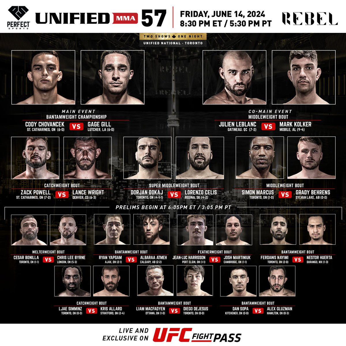 🤯 STACKED is an understatement for #Unified57 in Toronto on June 14, LIVE on @UFCFightPass from @rebel_toronto

🍁 #UnifiedNational 🍁

TICKETS ➡️ ticketmaster.ca/event/1000609A…