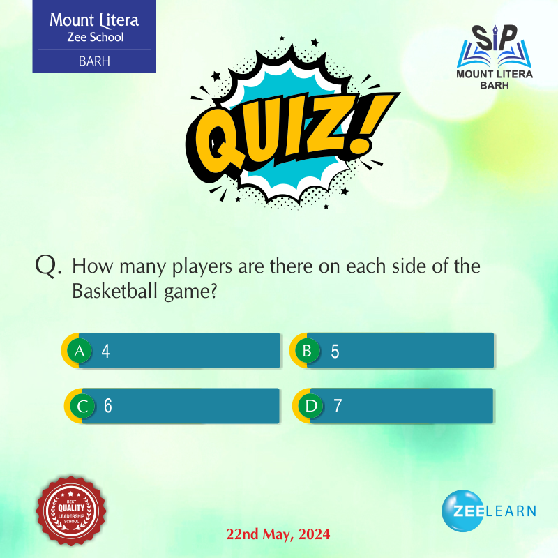 How many players are there on each side of the Basketball game? ☎️ 𝐂𝐚𝐥𝐥 𝐟𝐨𝐫 𝐦𝐨𝐫𝐞 𝐝𝐞𝐭𝐚𝐢𝐥: 7033338888 | 7033339999 🌐 Visit: mountliterabarh.com #mountliterazeeschoolbarh #bestschoolbarh #mlzs #CBSESchool #qulityschoolbarh #cbsebarh