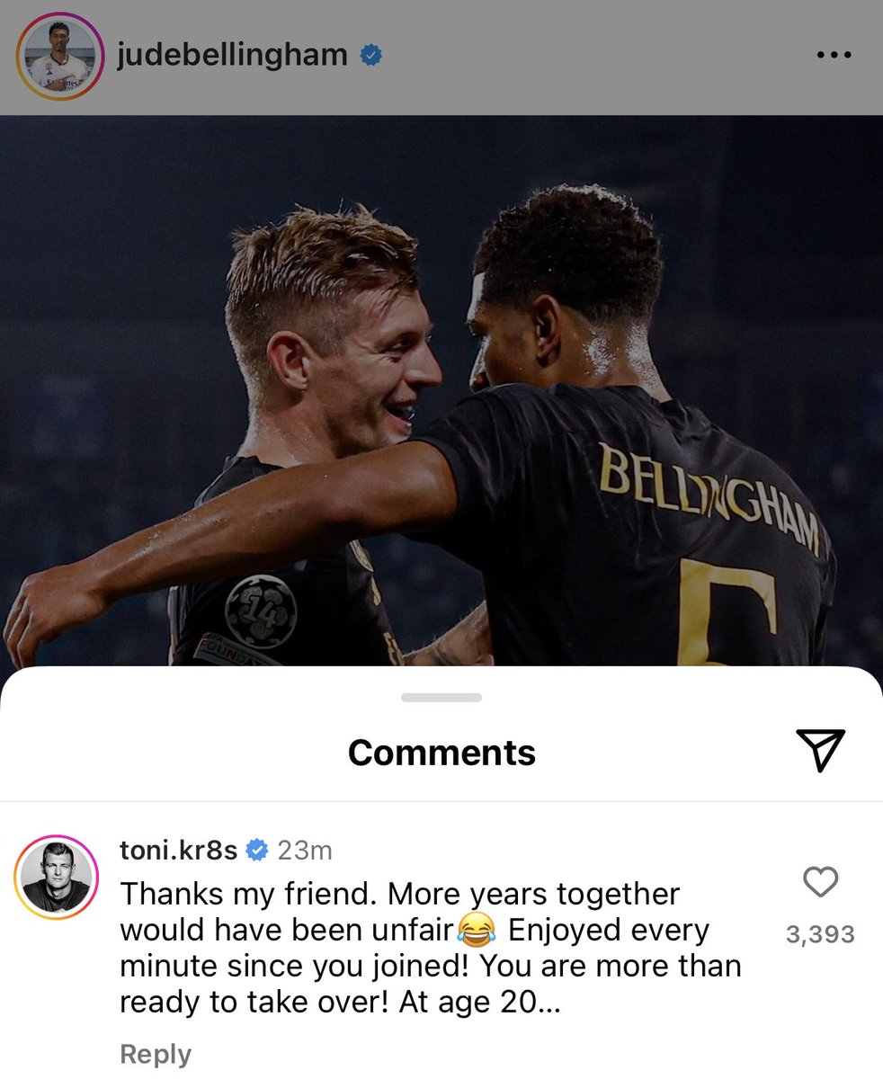 Toni Kroos to Jude Bellingham: “Thanks my friend. More years together would have been unfair. Enjoyed every minute since you joined! You are more than ready to take over! At age 20.”

The passing of the torch.