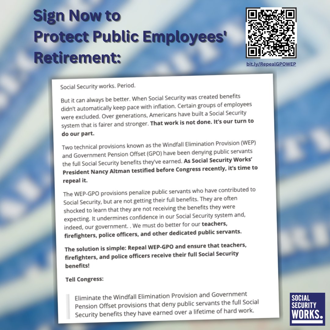 Join @SSWorks in urging federal officials take action to #EliminateWEPGPO: bit.ly/RepealGPOWEP; repeal outdated laws unfairly punishing #PublicEd professionals & their families! #RetirementSecurity @AFTUnion @AFTTeach @PSRP_AFT @ProtectPensions @CtPensions
