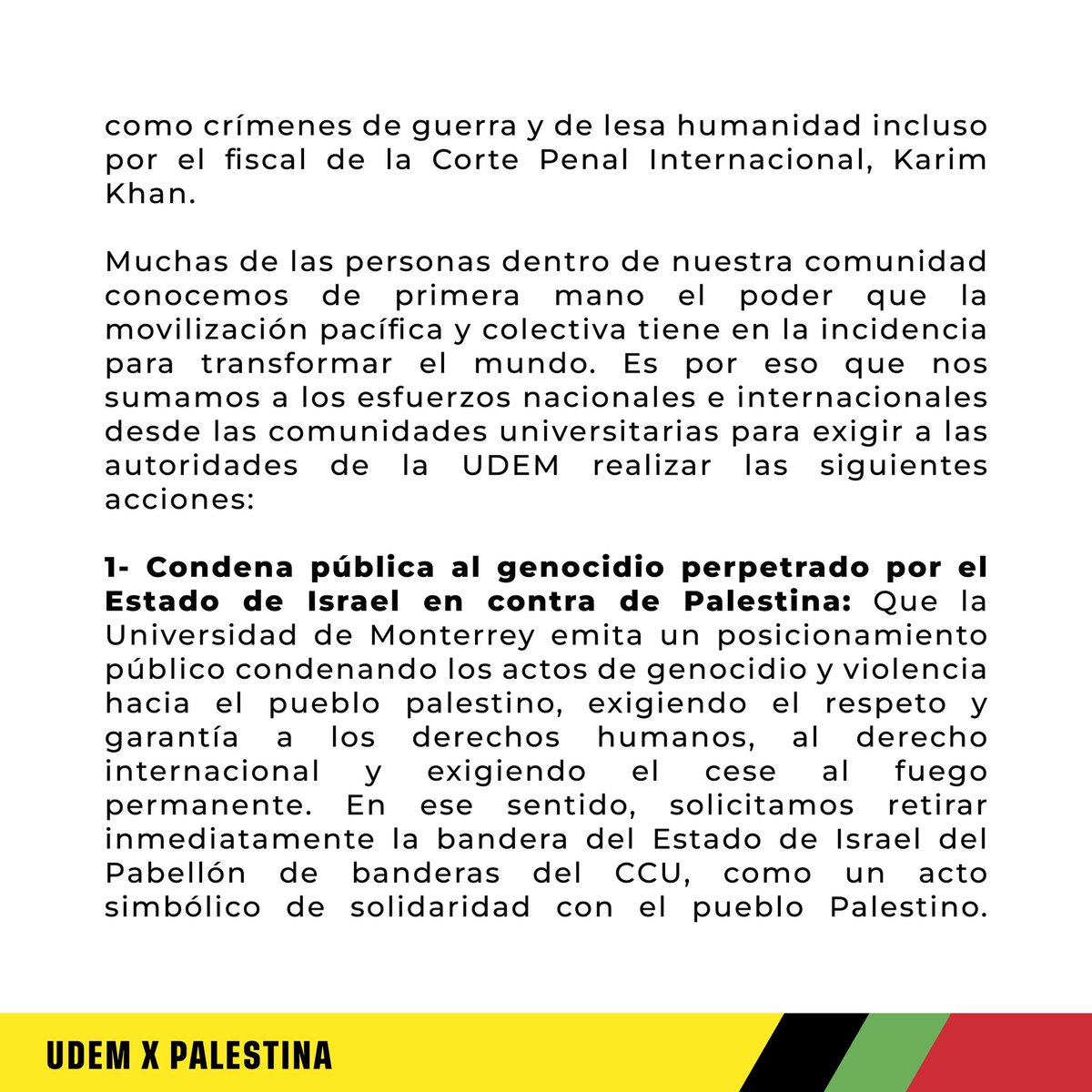 La comunidad UDEM: estudiantes, exaudems y profesores, expresamos nuestro apoyo y solidaridad con el pueblo palestino🍉 Exigimos a la Universidad de Monterrey que condene el genocidio, rompa relaciones con universidades de Israel (continua)