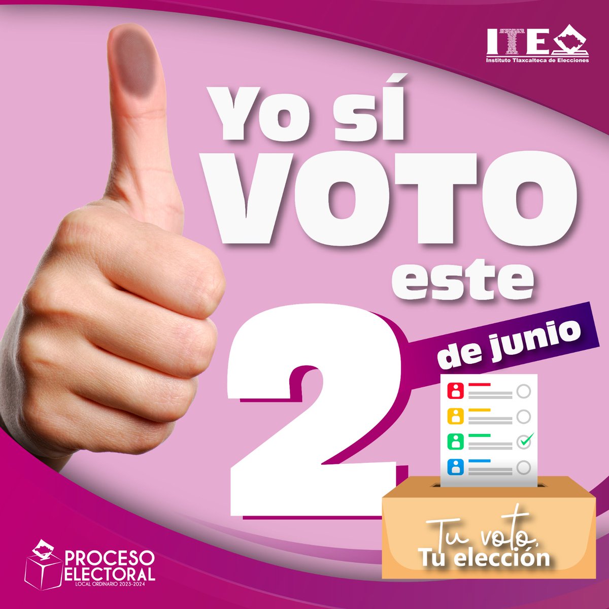 ITETLAX's tweet photo. 📷 Cuando votamos formamos parte de las decisiones de nuestra sociedad y fortalecemos la democracia. 📷
¡Vota este 2 de junio! 📷📷
#ITEInformamos #TuVotoTuEleccion https://t.co/UW7C0LKbsz