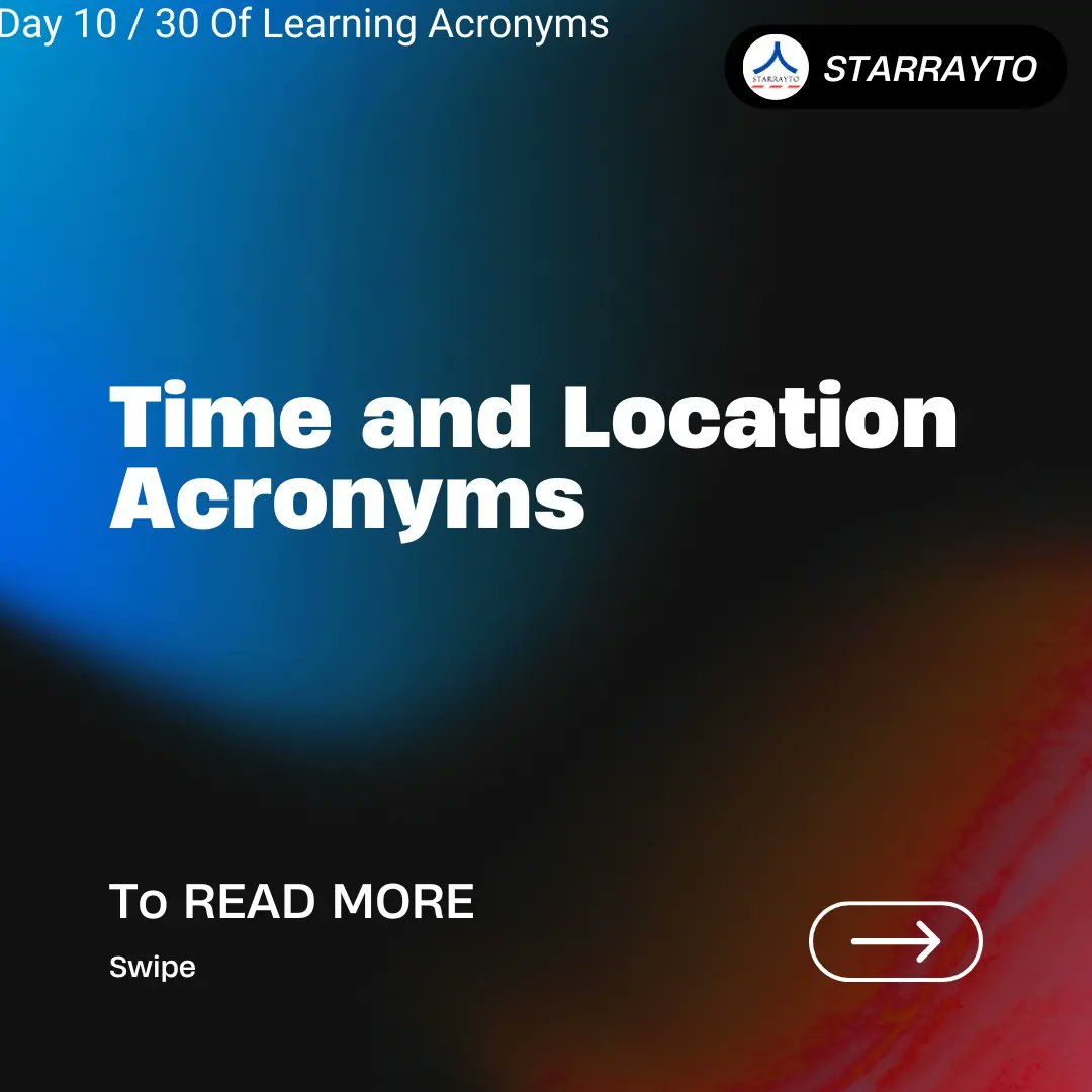 starrayto's tweet image. Time and Location Acronyms.
Day 10 / Of Learning Acronyms.

ASL: Age/Sex/Location
77. IRL: In Real Life
78. OMG: Oh My God
79. OMW: On My Way

#acronyms #acronympresto #shortforms