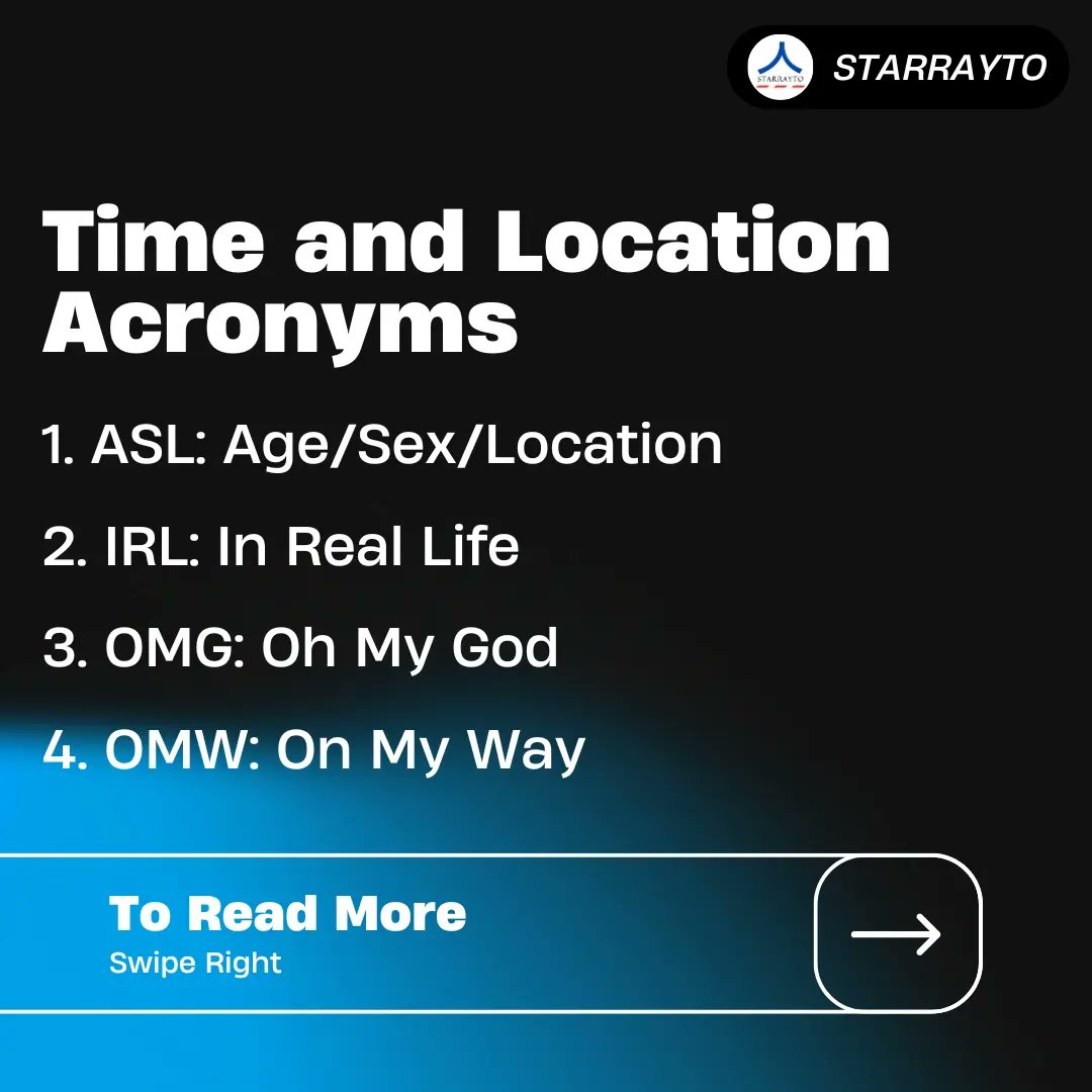 starrayto's tweet image. Time and Location Acronyms.
Day 10 / Of Learning Acronyms.

ASL: Age/Sex/Location
77. IRL: In Real Life
78. OMG: Oh My God
79. OMW: On My Way

#acronyms #acronympresto #shortforms