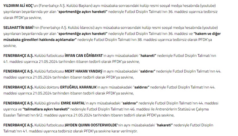 #SONDAKİKA | Fenerbahçe'den, PFDK'ya sevk edilen isimler açıklandı: - Jayden Oosterwolde - İrfan Can Eğribayat - Mert Hakan Yandaş - Ali Koç - Selahattin Baki - Emre Kartal - Ertuğrul Karanlık