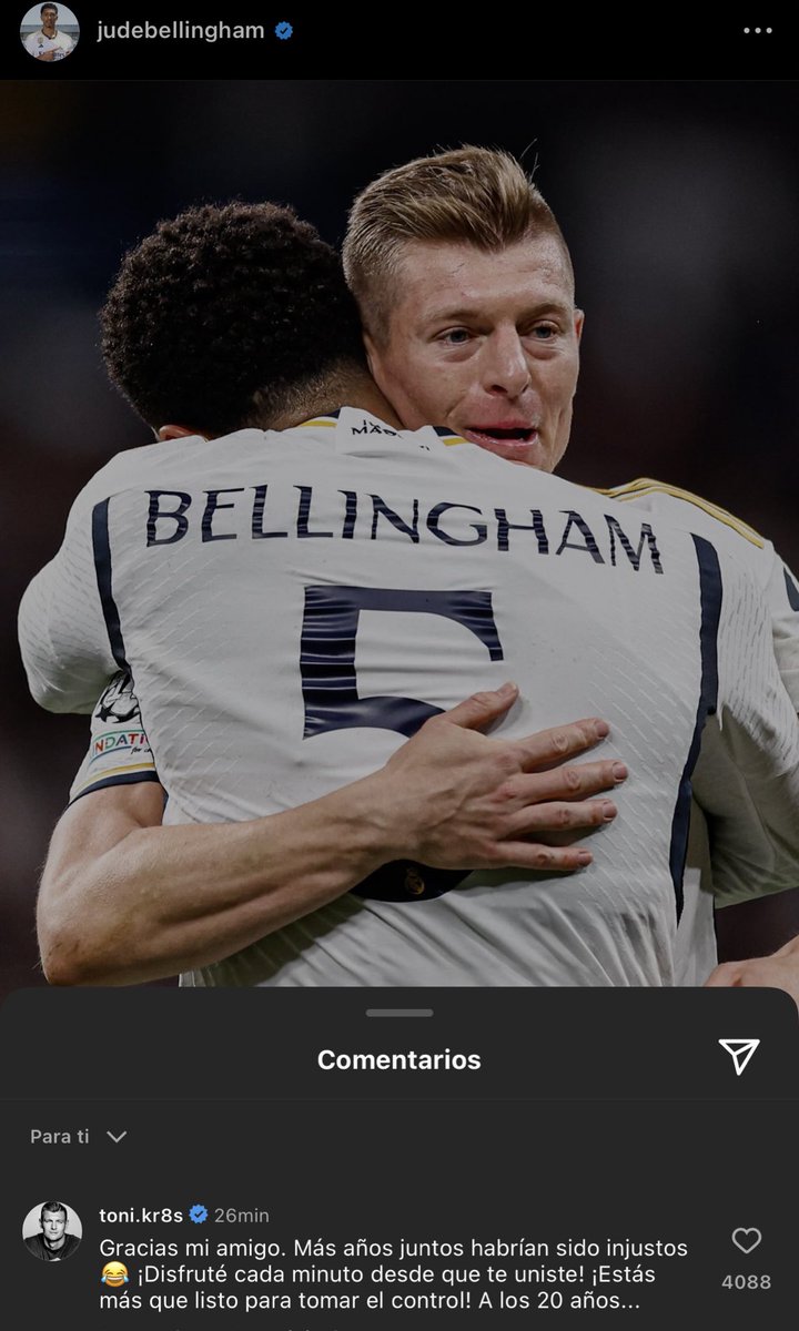 El comentario de Toni Kroos a Jude Bellingham: 

“Gracias mi amigo. Más años juntos habrían sido injustos 😂 ¡Disfruté cada minuto desde que te uniste! ¡Estás más que listo para tomar el control! A los 20 años...” 

QUE GRANDE ERES <a href="/ToniKroos/">Toni Kroos</a> 🤍