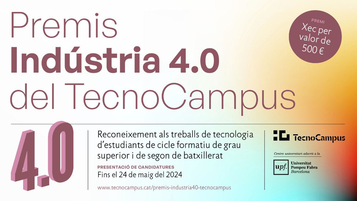 Últims dies per inscriure's als #premis Indústria 4.0!🏆 Donem reconeixements als treballs de #tecnologia d'estudiants de cicle formatiu de #grau superior i de segon de #batxillerat! 📅Fins al 24 de maig ✅Guanya un xec per valor de 500 € Inscriu-t'hi⤵️ bit.ly/3UhF1er