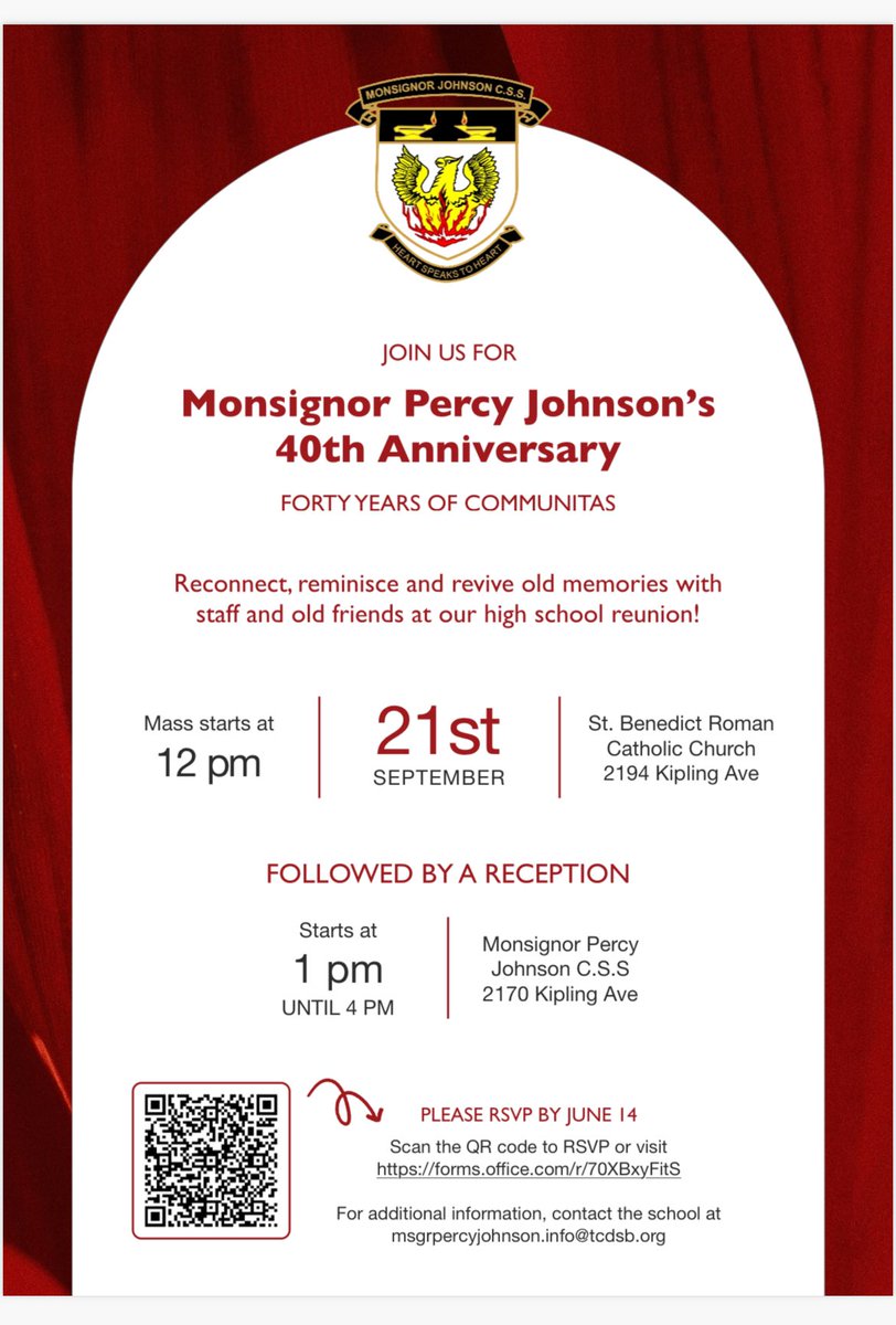 Attention Monsignor Percy Johnson CSS alumni (staff, students and community members)

We’re turning 40! Help us celebrate by joining us for our 40th anniversary reunion on September 21 2024! 

RSVP by June 14 @ forms.office.com/r/70XBxyFitS

See you there! 

<a href="/TCDSB/">Toronto Catholic District School Board</a> <a href="/MPJ_TCDSB/">Monsignor Percy Johnson Catholic Secondary School</a>