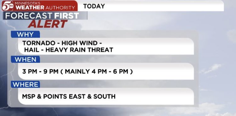 JYuhasKSTP's tweet photo. PDS (Particularly Dangerous Situation) Tornado Watch until 9pm &amp; includes Carver, Scott &amp; Dakota Counties of south Twin Cities-areas in Tornado Watch could see 90 mph Winds &amp; Long Track Tornadoes - main threat for Tornadoes in Twin Cities south Metro Today is 4pm-6pm. @KSTP https://t.co/MKtSrTR01l