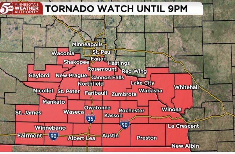 JYuhasKSTP's tweet photo. PDS (Particularly Dangerous Situation) Tornado Watch until 9pm &amp; includes Carver, Scott &amp; Dakota Counties of south Twin Cities-areas in Tornado Watch could see 90 mph Winds &amp; Long Track Tornadoes - main threat for Tornadoes in Twin Cities south Metro Today is 4pm-6pm. @KSTP https://t.co/MKtSrTR01l