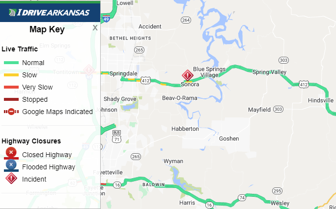 Washington Co: (UPDATE) Hwy 412 EB left lane remains blocked 3.9 miles East of State Highway 265 (Springdale) due to a two-vehicle accident. Monitor IDriveArkansas.com for the latest information. #artraffic #nwatraffic