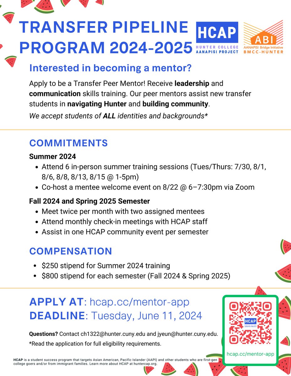 Apply to be a Transfer Peer Mentor to assist new transfer students in navigating Hunter College and building community, focusing on Asian American and other first-generation college students. APPLY AT: hcap.cc/mentor-app