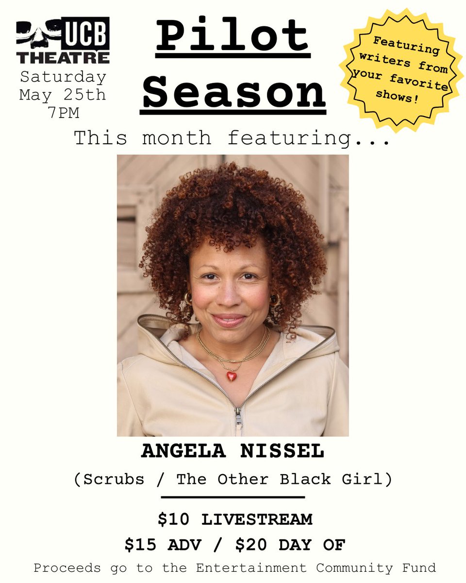 Pilot Season is back THIS SATURDAY MAY 25 @ 7PM <a href="/ucbtla/">UCB Theatre LA</a> + LIVESTREAM

Featuring:
<a href="/electrolemon/">demi adejuyigbe</a> (#thegoodplace #amberruffinshow)
<a href="/quakerraina/">Raina</a> (#emilyinparis #schmigadoon)
<a href="/AngelaNissel/">Angela Nissel</a> (#scrubs #theotherblackgirl) 

Tickets: bit.ly/Pilotseasonshow