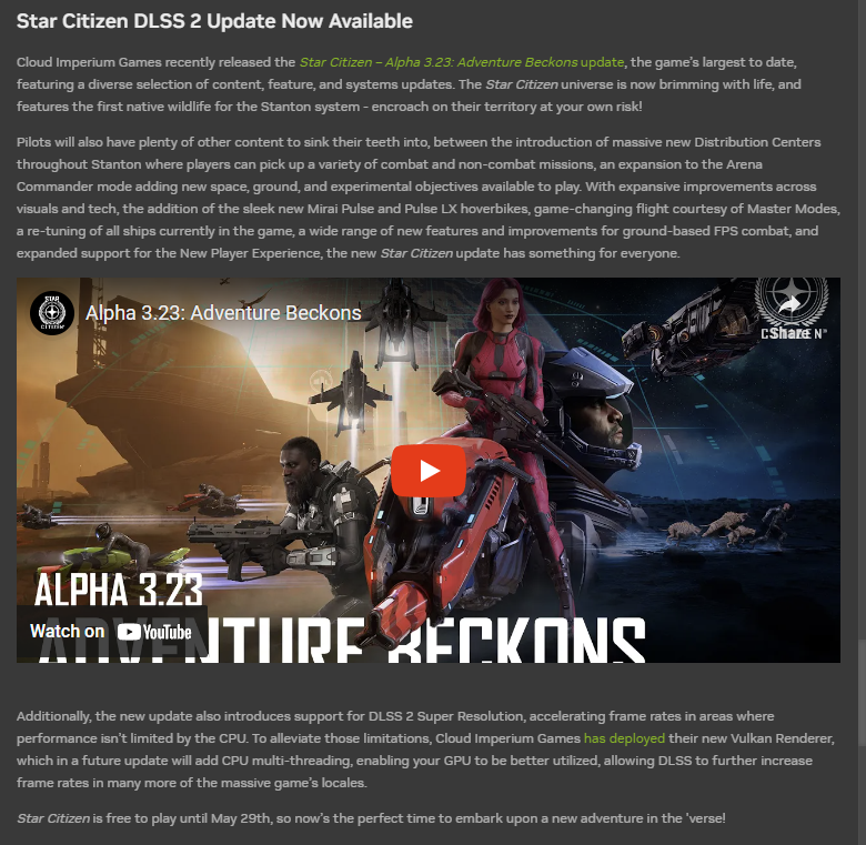 IAmSebix's tweet photo. A new @NVIDIAGeForce driver is now available specifically to support Star Citizen DLSS 2.

Nice that we're starting to get official driver support for Star Citizen now, fingers crossed we'll see more massive performance improvements in the next patches. 🫰

#StarCitizen https://t.co/ZZa4HBg10W
