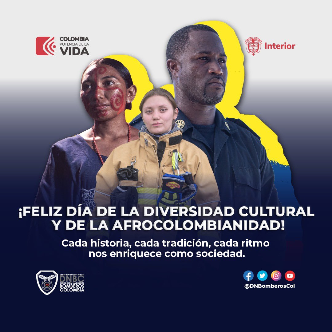 En la #DNBC y #BomberosCol En este Día Mundial 🌎 de la Diversidad Cultural y de la Afrocolombianidad, celebramos la extraordinaria mezcla de culturas, tradiciones y perspectivas que enriquecen nuestra sociedad. 
#BomberosCol
#SomosResiliencia