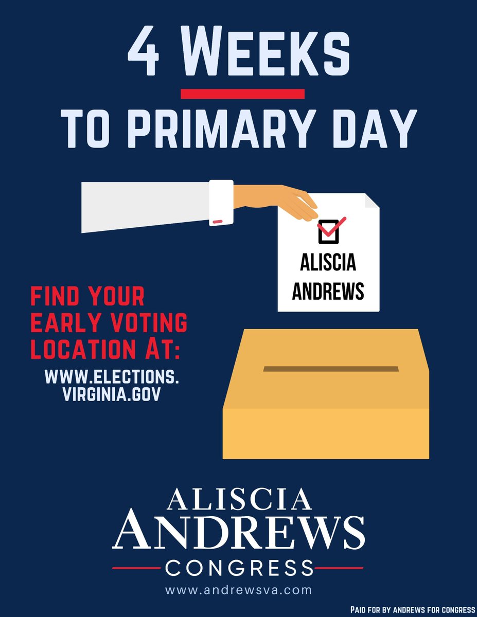 🚨 Only 4 weeks until Primary Day in Virginia! Get involved with our campaign at andrewsva.com and make a plan to vote early or on Primary Day June 18th!