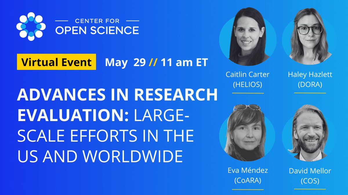 Mark your calendar! Join us for the 'Advances in Research Evaluation: Large-Scale Efforts in the US and Worldwide' webinar on May 29 at 11 am ET. Hear from representatives of @CoARAssessment, @DORAssessment, and @HELIOSopen. Learn more and register: bit.ly/4dH0Xra