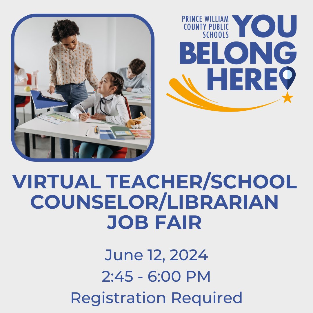 Join us for our virtual teacher/school counselor/librarian job fair on Wednesday, June 12, 2024, from 2:45-6 p.m. Spaces are limited and registration is REQUIRED!