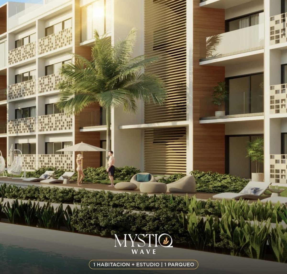 🌴🏖 Descubre Mystiq Wave, tu próximo hogar a minutos de la playa 🌊 📍Bavaro, Punta Cana Con una ubicación privilegiada, Mystiq Wave ofrece apartamentos de 1 habitación más estudio con vistas a la piscina, distribuidos en 3 bloques para un total de 96 unidades.