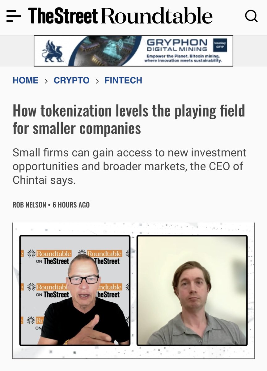 NEW today on @TheStreet: our interview with @ChintaiNetwork CEO @GunnisonCap on tokenization. 

“The current financial system's structure… makes it impractical for these companies to raise capital.'

thestreet.com/crypto/fintech…

#BlockchainInnovation #Tokenization #cryptonews