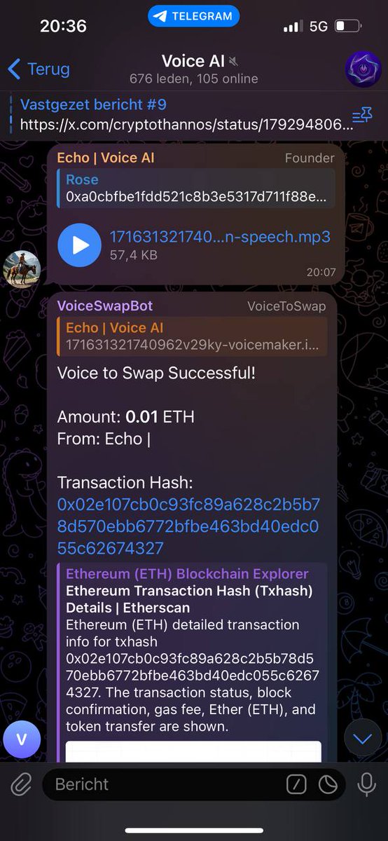 VoiceAIERC's tweet photo. Hello everyone! We've just conducted a live demo of our exciting new feature, "Voice to Swap," enabling you to purchase tokens directly within Telegram groups simply by typing "buy" or sending a voice note. Attached are a few screenshots from the demo. https://t.co/lOVvBMpDhC