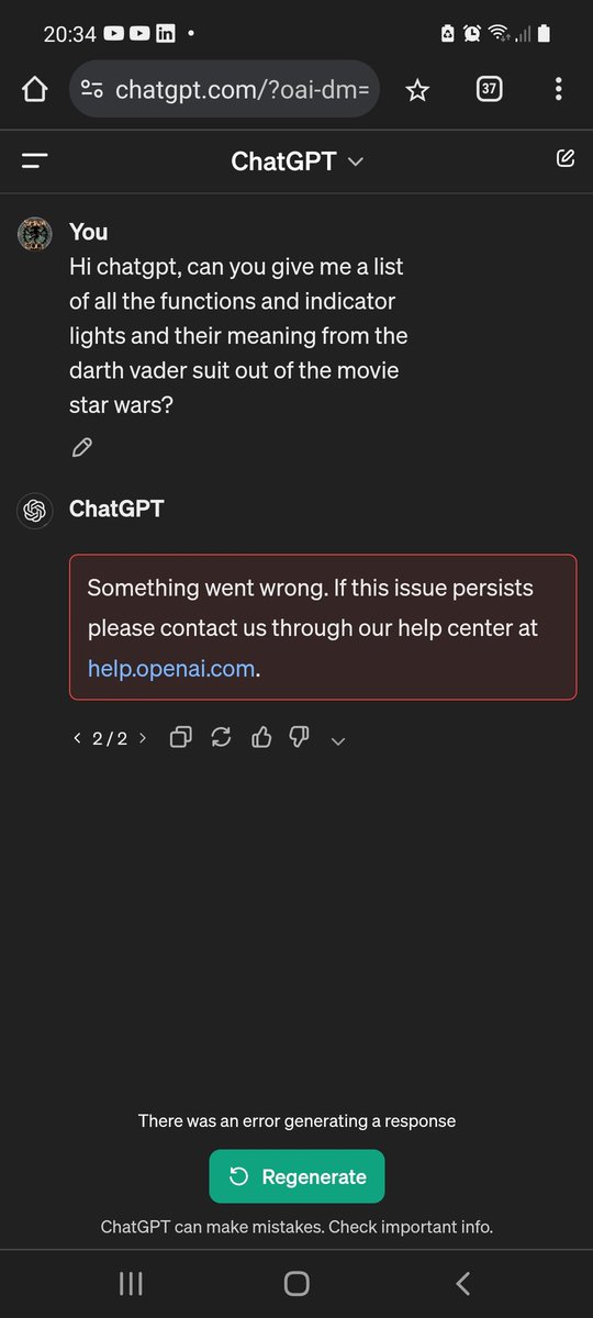 SONICLABOR's tweet image. Chatgpt is hiding stuff guys...

I believe there is an indicator light when Darth has to go. My girlfriend thinks I'm crazy and chatgpt just got weird on me.

@starwars @ChatGPTapp