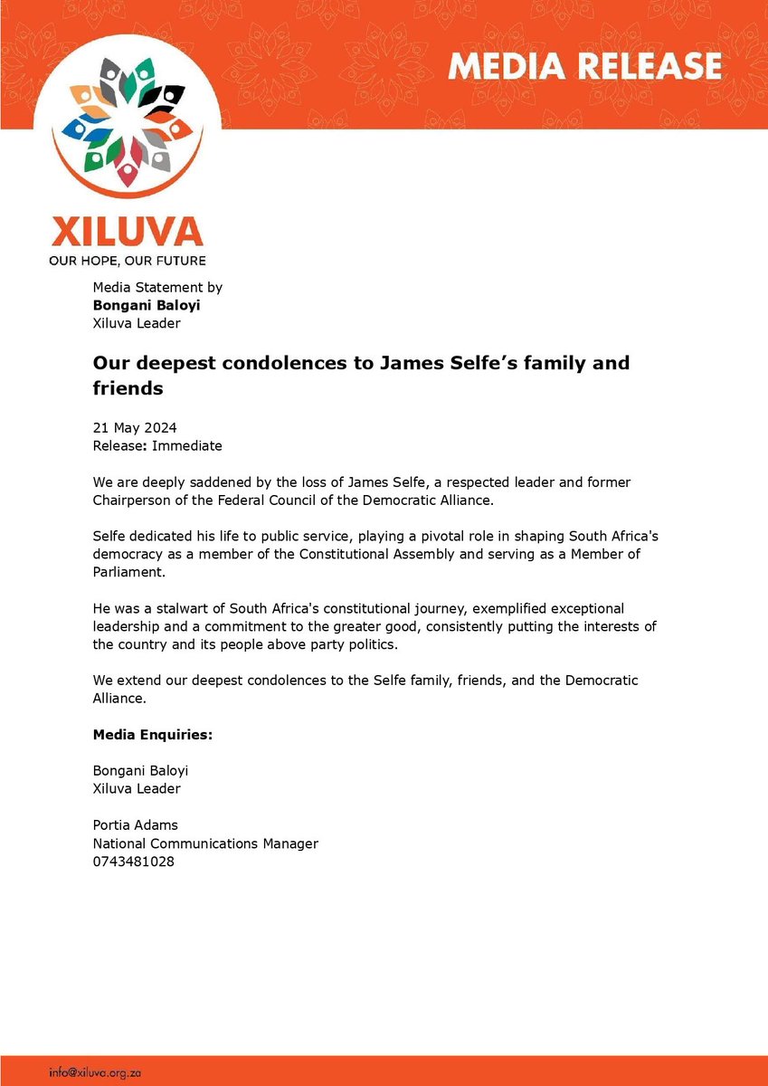 For Immediate Release: RE: Our deepest condolences to James Selfe’s family and friends. #Xiluva #BonganiBaloyi #OurHopeOurFuture #WeAreXiluva #VoteXiluva