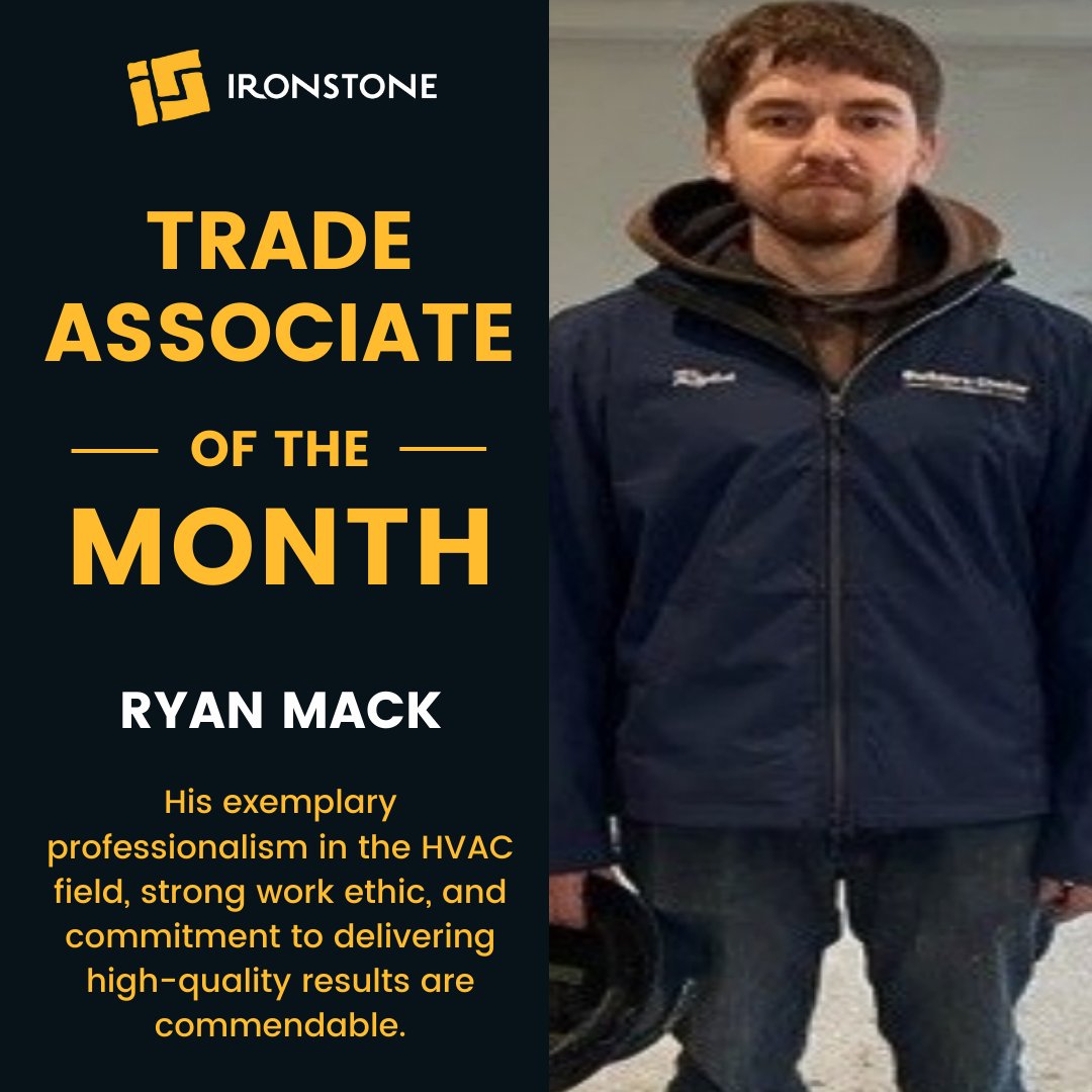 CONGRATULATIONS TO Ryan, our TRADE ASSOCIATE OF THE MONTH.  We thank Ryan from Builders Choice for his contributions to Ironstone and for helping us BUILD STRONG COMMUNITIES. #TeamWork #IronstoneBuilt