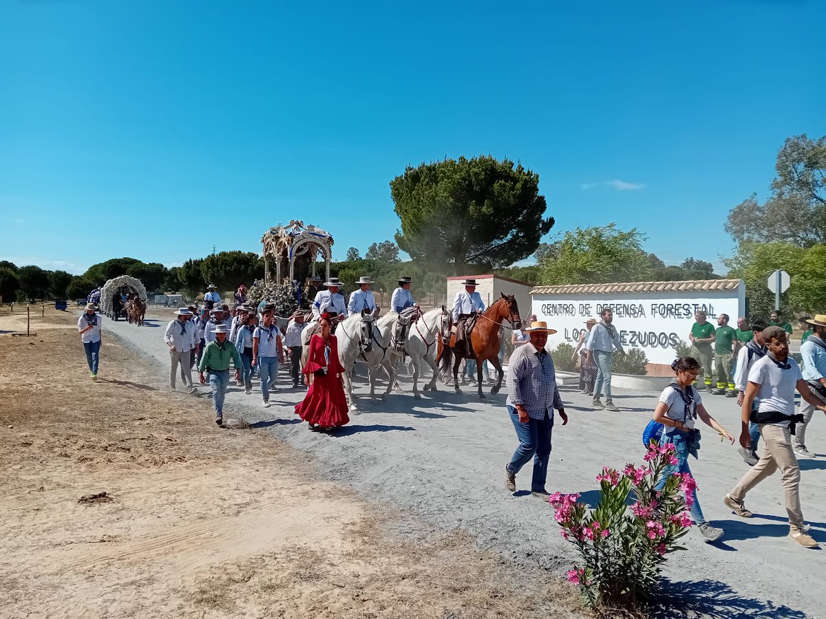 📍Nuestros compañeros del Cedefo de #LosCabezudos, en #Almonte (Huelva), saludan a la Hermandad del Rocío de Huelva a su paso por la base. Los peregrinos caminan hacia la capital onubense donde tienen previsto llegar el miércoles. Buen camino de Vuelta.