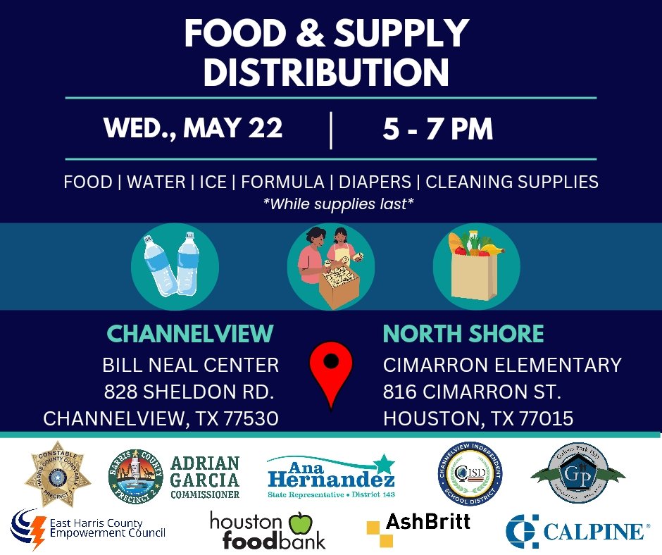 📣 Join us TOMORROW May 22 for food & supply distributions in Channelview & North Shore! We will distribute food, ice, water, diapers & cleaning supplies for our #NorthChannel community impacted by last week's storms.