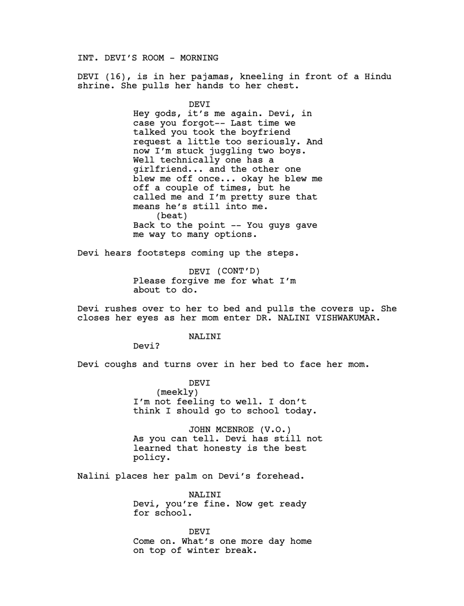 bitotaaaa's tweet image. Since I'm bored and the has show ended, here are the first 4 pages of a spec script I wrote after season 1 of 'Never Have I Ever' @mindykaling I dare you to read it. #NHIE #screenwriter #PreWGA