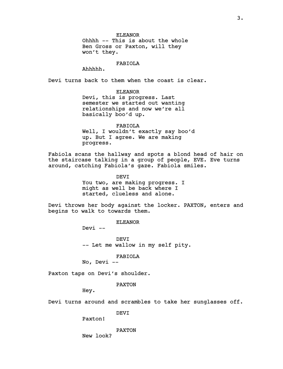 bitotaaaa's tweet image. Since I'm bored and the has show ended, here are the first 4 pages of a spec script I wrote after season 1 of 'Never Have I Ever' @mindykaling I dare you to read it. #NHIE #screenwriter #PreWGA
