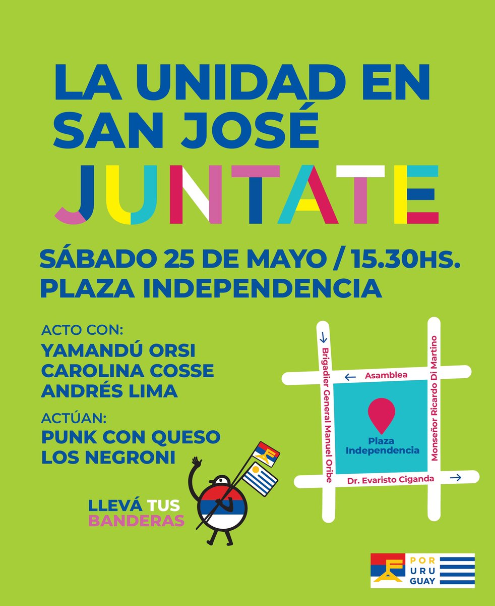 La transformación está en nuestras manos. Juntate #PorUruguay 🇺🇾 Nos vemos en San José. 🗓️Este sábado 25 de Mayo, 15:30hs. 📍Plaza Independencia ¡Llevá tus banderas! 🔴🔵⚪️