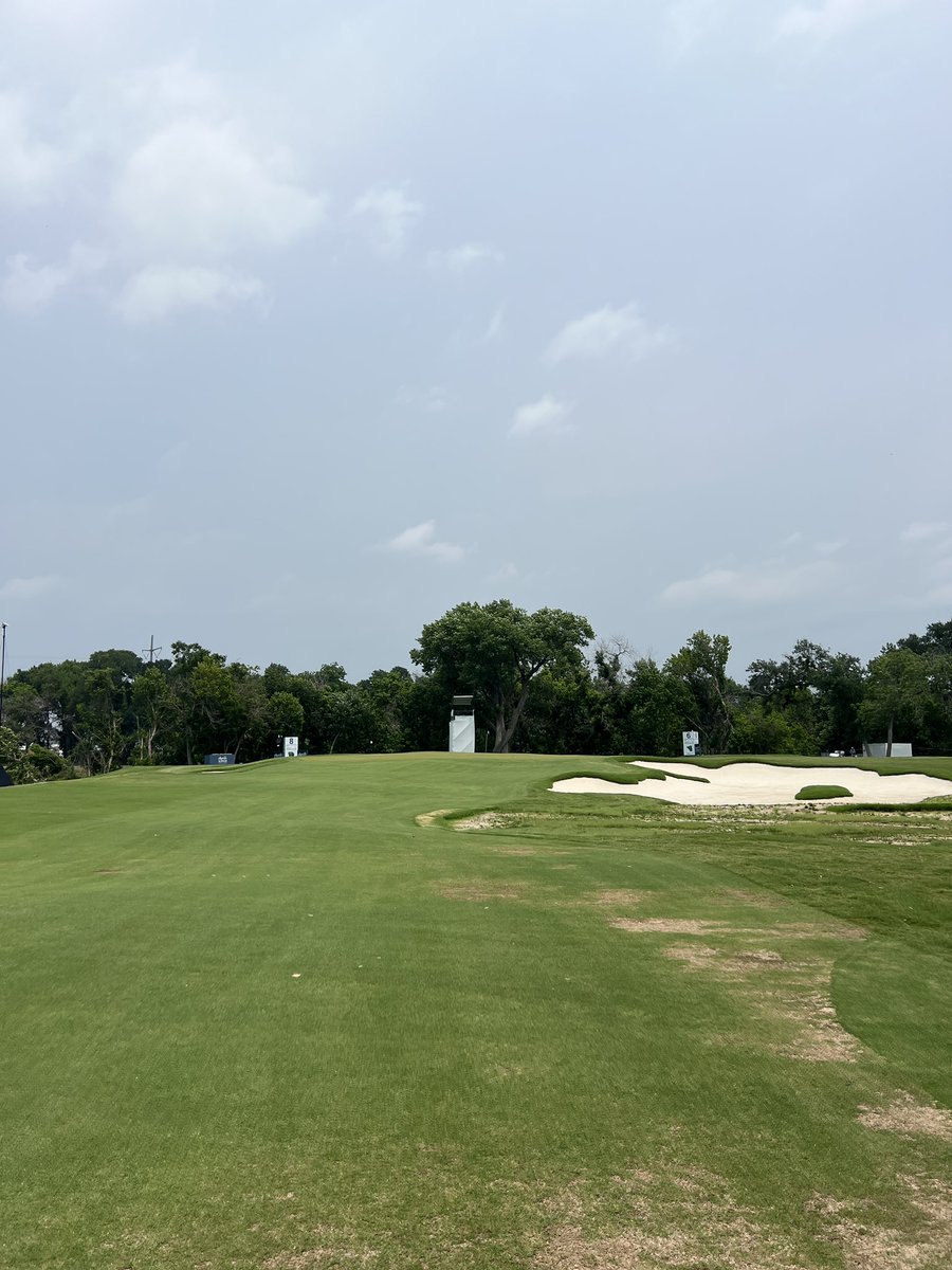 Mike_kim714's tweet photo. Front nine Colonial redesign:
-Most of the tee shots look the same or very similar. The bunkers are softened and have more of a rugged look to it compared to the perfect ovals that were here but also have these random mounds in the middle of them as well. 
-The old greens on a lot of the holes used to be slightly perched up from the fairway, but that is mostly gone. The course feels way flatter because of it and makes it easier to run up shots from the trees. There’s also a few greenside bunkers gone, most notably on 4, which used to be a really difficult hole and now it’s not as difficult. 
-The greens are pretty firm since they are really new. Fairways will be paramount to have spin and control. The rough is a bit patchy from a rough winter so you can get lucky. 
-Overall, scoring wise, I think it got a bit easier if anything. The firm greens will keep the scoring in check but in a couple years, I do feel like players will really be able to go low here. I do think members will enjoy the redesign which is more important than just making this course more difficult for 1 week of the yr.