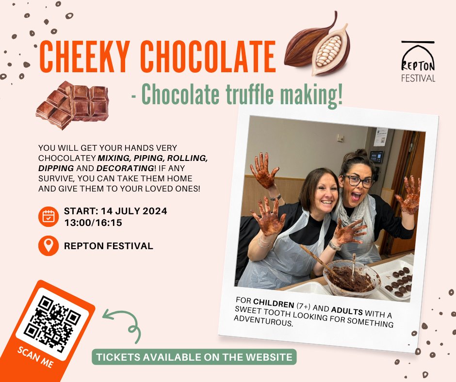 Chocolate truffle making for children (7+) and adults with a sweet tooth. You will get your hands very chocolatey mixing, piping, rolling, dipping and decorating! If any survive, you can take them home and give them to your loved ones!
Early bird tickets: tinyurl.com/4txarzz9