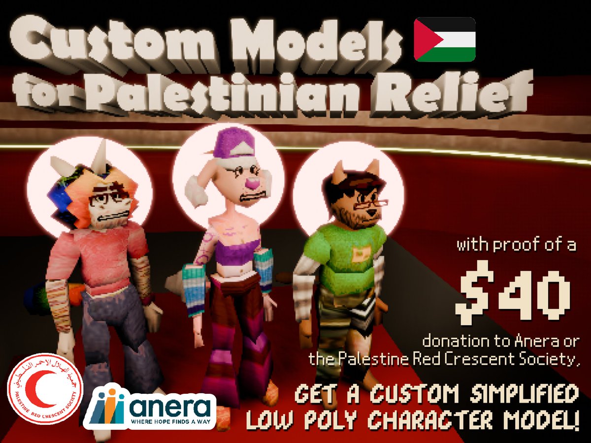 pafbarthedweeb's tweet photo. hey everyone!! I'm offering custom model donation commissions for Palestinian relief! if you are interested, please send me a message - I'll be matching the first $120 of donations. There's 5 slots available now, I hope to do more in a few weeks! 🇵🇸❤️❤️ https://t.co/ZZQvFUWRbk