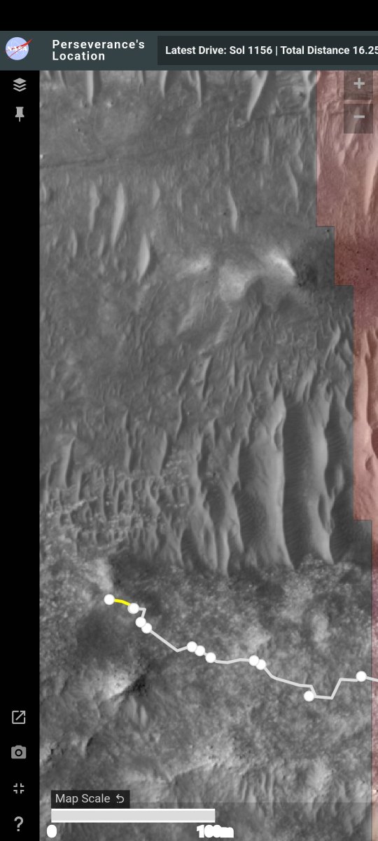 Sol 1156 going up a hillock and looking west from under the deck at the Neretva 

Imho it looks like the one in the middle of the Neretva channel 

#perseverancerover .