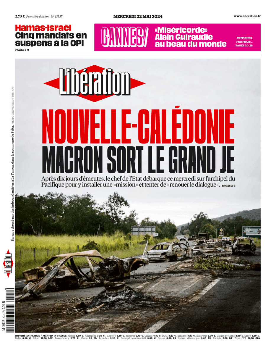 Nouvelle-Calédonie : Macron sort le grand je. C'est la une de <a href="/libe/">Libération</a> mercredi.